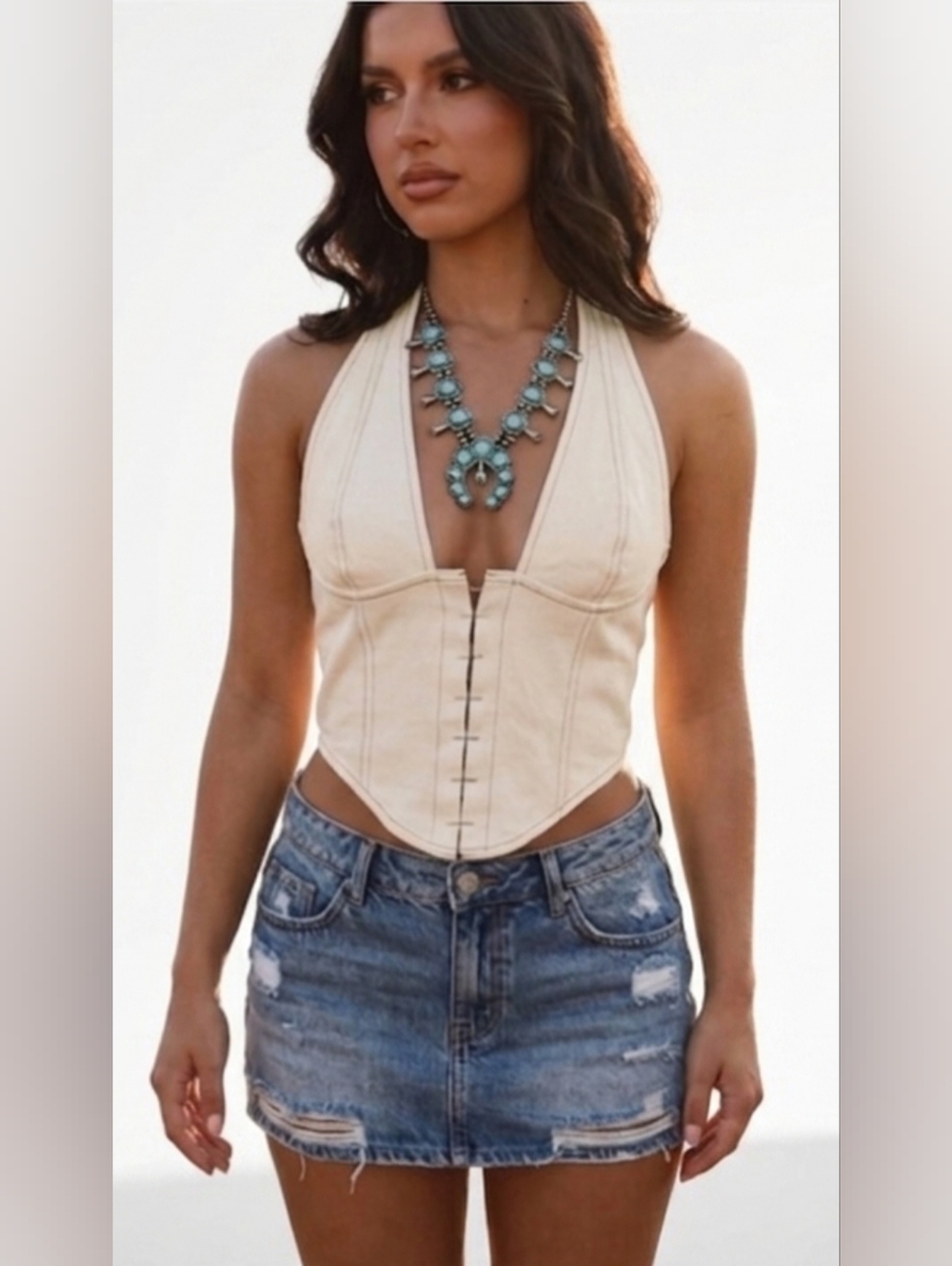 White Fox Halter Corset Crop Top Western Festival Structured Chic Sexy Cowgirl